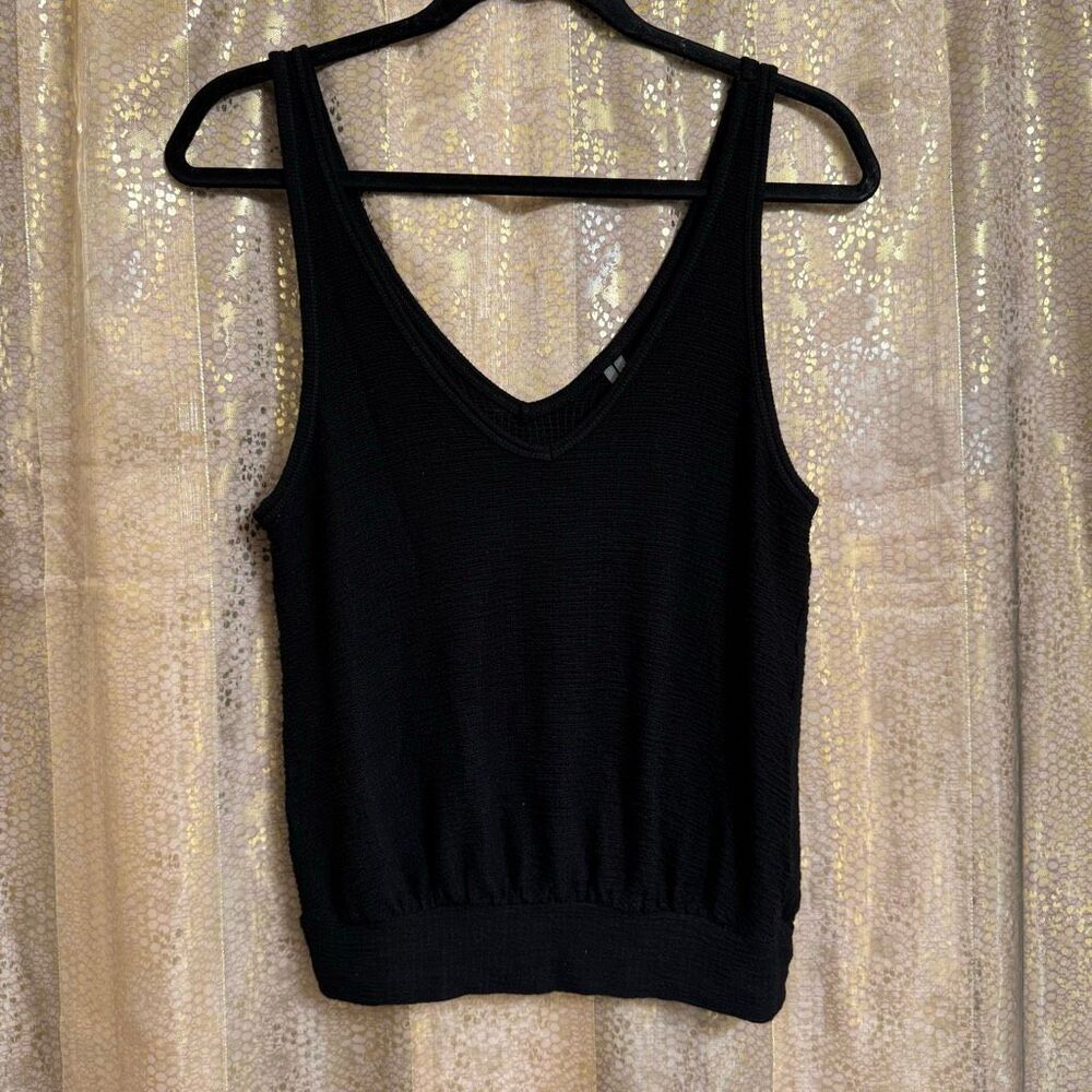 Anthropologie Black V Neck Textured Stretch Cinched Bottom Tank Top XS